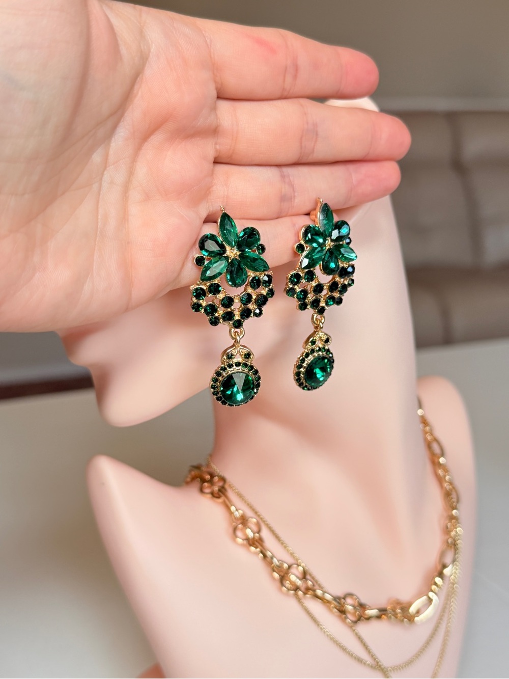 Gold & Green Crystal Floral Drop Earrings - Picture 10 of 10